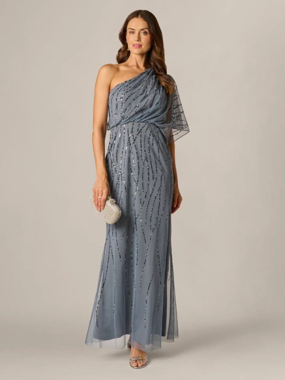 Adrianna Papell Draped One Shoulder Dress With Sequin Detail (Dusty Blue, 16)
